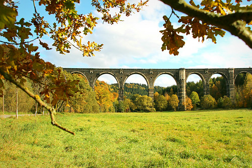 bridge autumn trees sky sun tree green fall nature leaves architecture clouds germany landscape golden day cloudy saxony meadow viaduct hetzdorf flickrfriday attheroadside photoshotbyfrank
