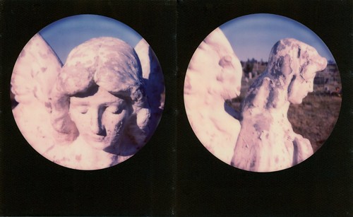 polaroidlandcamera sx70original instantcamera theimpossibleproject expiredfilm diptych cemetery angel statuary