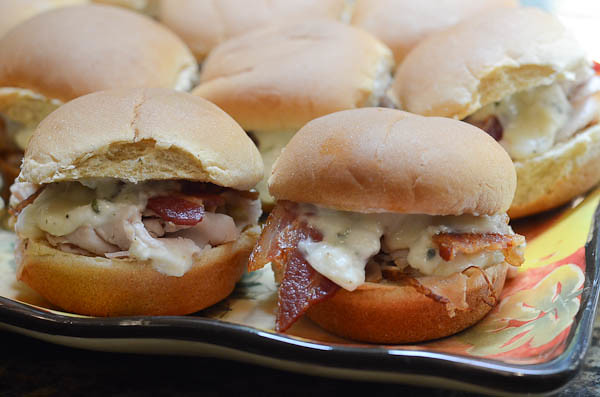 Turkey, Bacon, Ranch Sliders with Blue Cheese on a serving tray.
