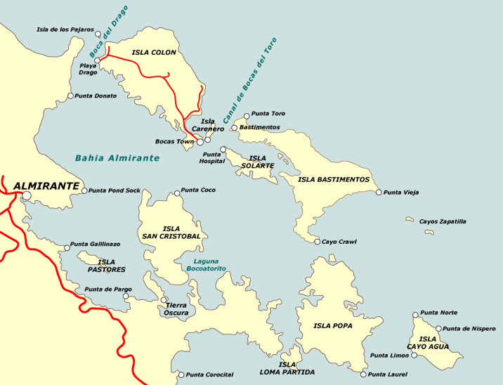 Mapa del Archipiélago de Bocas del Toro y sus principales lugares