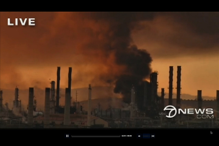 from KTVU video feed:  Fire at Chevron Refinery in Richmond,CA - August 6, 2012