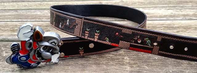 Leather belt with Super Mario buckle