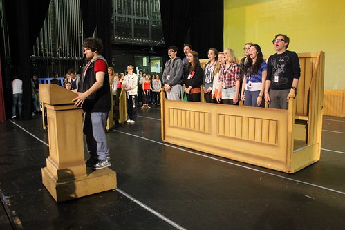 Ali Colam as the Reverent Shaw (left) and other principals of the seventh Edinburgh Playhouse Stage Experience in rehearsal for Footloose. July 2012.
