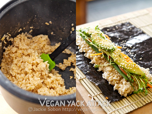 image collage of brown rice in a cooker, and assembling sushi roll