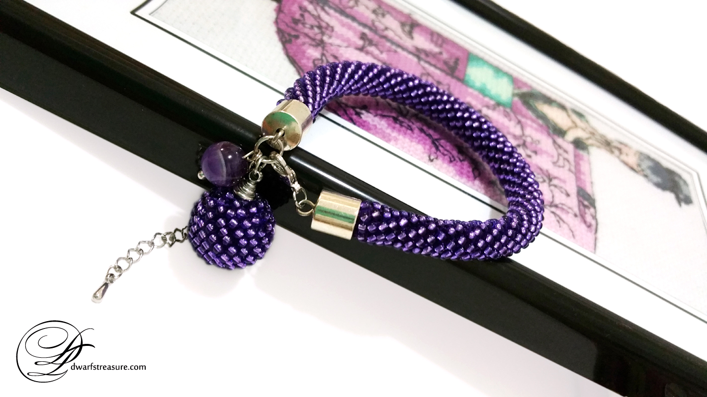 Supreme purple beaded crochet bangle bracelet with real amethyst and beaded bead
