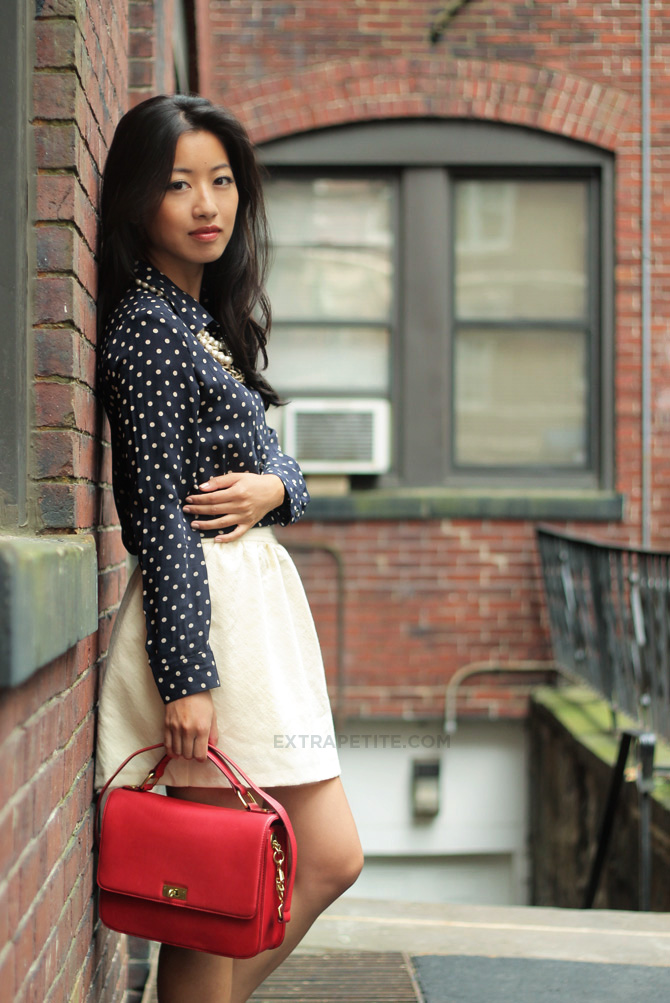 $15 outfit: Navy Silk Dots Blouse + Wool Bell Mini Skirt
