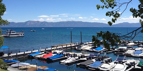 california sky lake mountains tree water leaves clouds fence awning boats pier dock day branch laketahoe clear paddleboat tarp tahoecity
