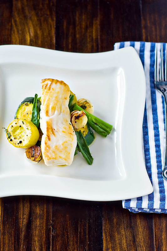 Seared Halibut with Summer Vegetable Sauté