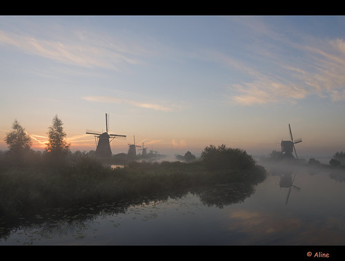 light mist holland reflection netherlands fog sunrise licht morninglight nederland windmills mills molen reflectie windmolens ochtendlicht zonsopkomst ochtendmist kinderijk