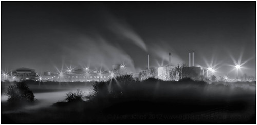 mist mill industry fog night landscape lights factory smoke starbursts