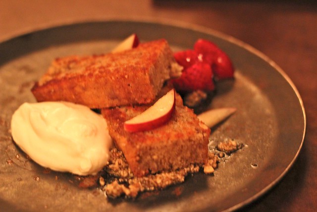 Griddled Pumpkin-Seed Cake, Strawberris and Peach Leaf Cream at State Bird Provisions