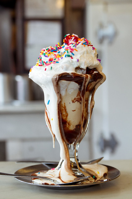Two-scoop sundae with mashmallow goo and fudge