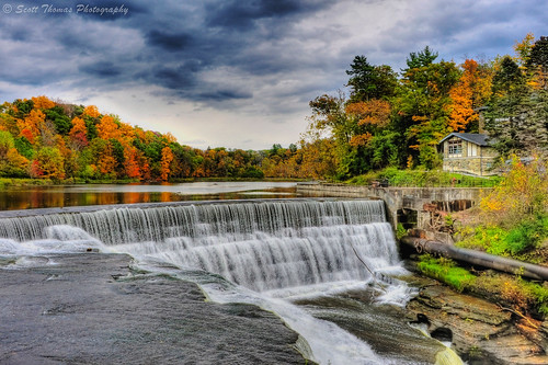 travel autumn trees vacation lake newyork color reflection building brick history water stone clouds campus landscape flow waterfall nikon energy power dam gray pipe falling fallfoliage flowing ithaca hdr fallcreek hydroelectric beebe cornelluniversity photomatix d700 yourphototips scottthomasphotography afsnikkor28300mmf3556gedvr