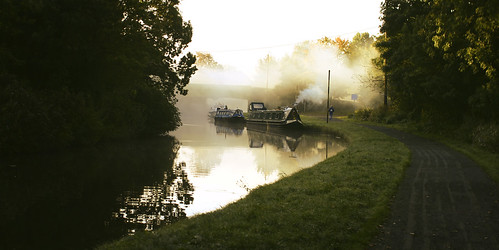 trees mist water grass lines fog sunrise reflections boat canal haze path contest assignment longboat leading narrowboat group” “weekend