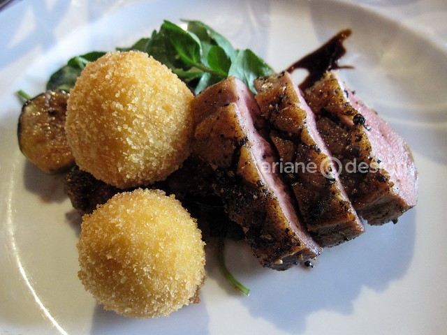 Peppercorn crusted brome lake duck breast, fresh fig & fried goat's cheese salad