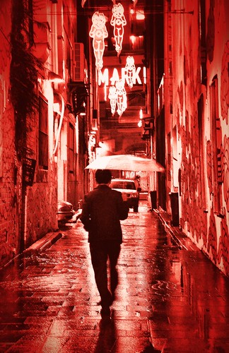 lighting street red man art wet colors monochrome mystery composition reflections walking effects lightandshadows interesting mood colours shadows artistic pov path vibrant perspective sydney creative streetphotography atmosphere australia streetscene textures story rainy mysterious colourful framing puddles redlightdistrict laneways redandblack wetreflections manwithumbrella