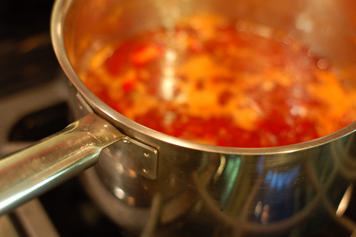 Simmering the red pepper jam by Eve Fox, Garden of Eating blog, copyright 2012