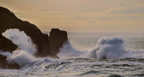 ocean sea england water weather landscape coast haze cornwall surf waves crash cliffs spray coastline