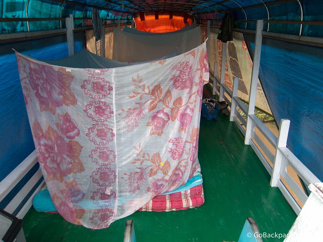 The guests sleep on mattresses on the top deck, while the crew is down below