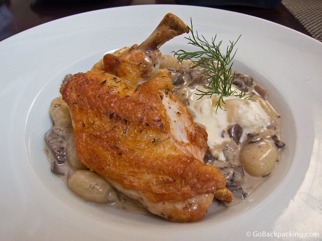 Young breast of chicken with corn, potato dumplings, and mushroom ragout in cream and semi-sweet South Moravian wine