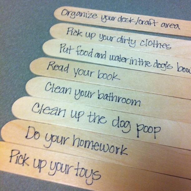 Trying out a chore stick system in our house for the kid. The men folk in my house need a "list" to see that things need to be done around here.