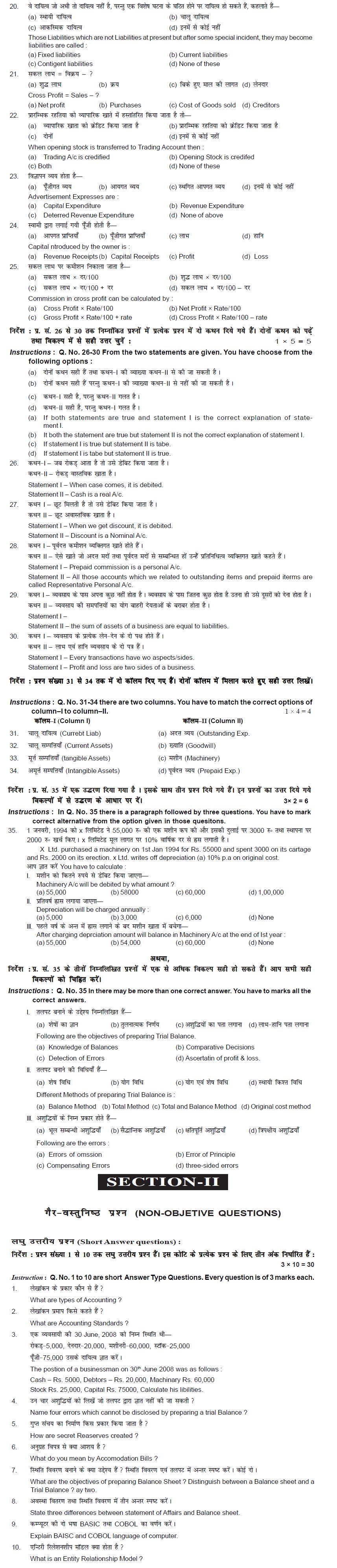 Bihar Board Class XI Commerce Model Question Papers - Accountancy
