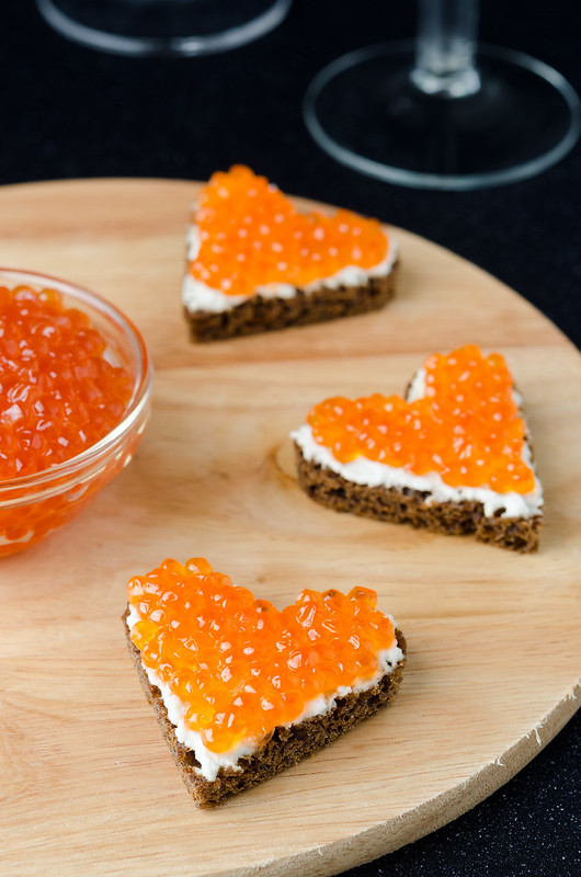 canape with red caviar for Valentine's Day