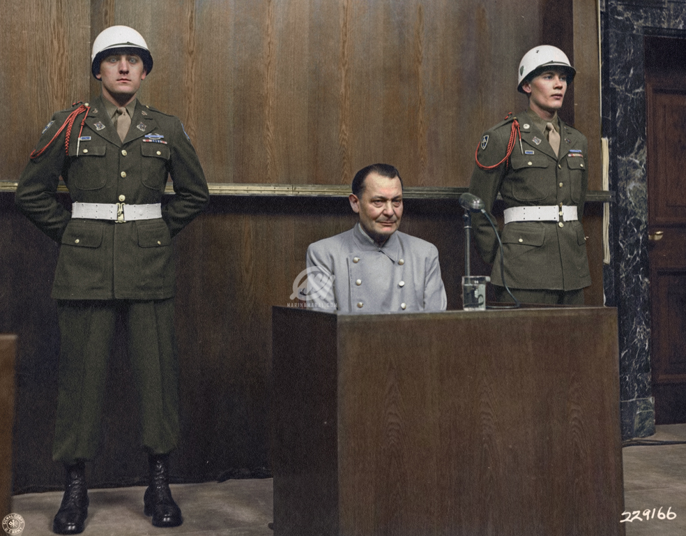 Hermann Göring sits in the dock at the Nuremberg trial, 1946.