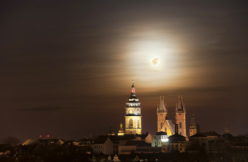 city light sky moon house building tower history home skyline architecture night clouds evening town nikon cityscape view czech cathedral cloudy hometown fullmoon czechrepublic d90 hradeckralove 18105mm