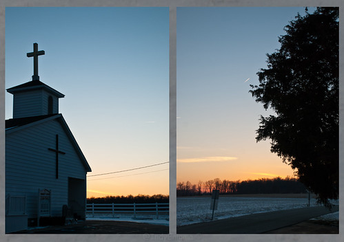 winter sunset snow building church silhouette diptych