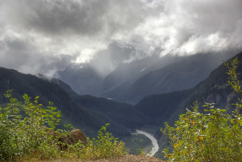 light mountains nature weather horizontal alaska clouds river outdoors view valley salmonriver beams