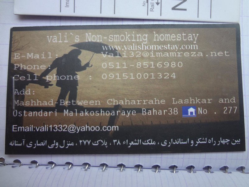 Cartão de visita do Vali's Homestay em Mashhad