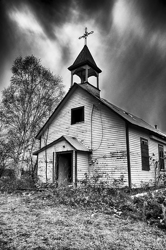 wood old autumn trees sky blackandwhite bw ontario storm abandoned church window nature leaves rain landscape tin ruins cross steeple foliage toad vandalism catholicchurch weathered sthubert northernontario searchmont woodframe hdr2 sefx
