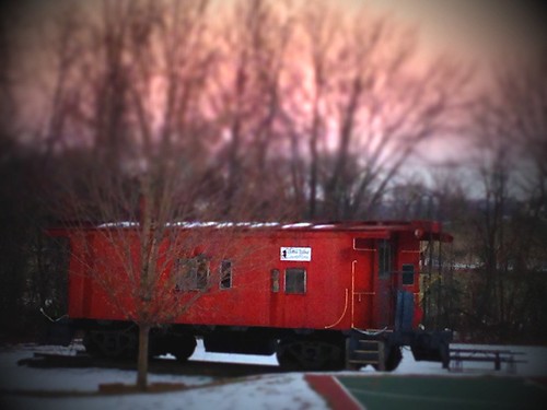 sunset red caboose day4 tiltshift project365 bluemontvirginia iphone365 uploaded:by=flickrmobile flickriosapp:filter=nofilter