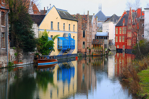 reflections boat canal colours belgium ghent architectures