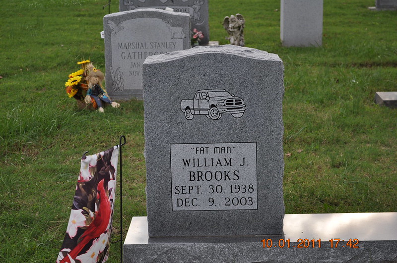On grassy lawn at a cemetery there are three tombstones in a staggering line. The front stone says Fat Man at the top followed by William J Brooks and his birth and death dates.