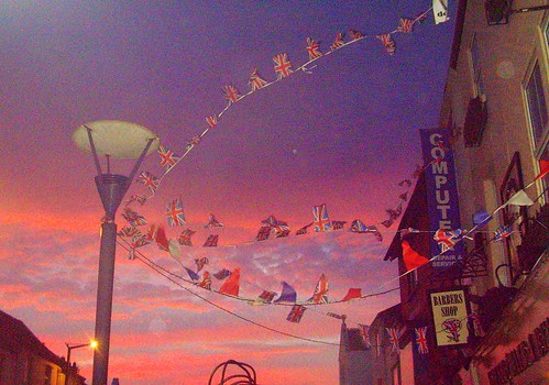 street uk morning pink light england sky urban weather sunrise dawn nice northwest flags lancashire pole preston lit banners lancs friargate ©2012tonyworrall