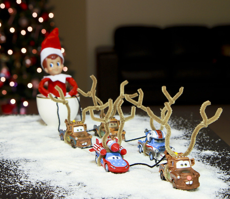 Mater and Lightning McQueen Reindeer Elf on the Shelf. Click for more ideas! #elfontheshelf