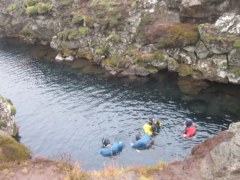 Snorkelers from above at Silfra Rift, Iceland