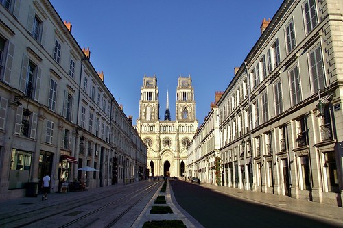 street old city blue summer urban france church monument lines stone architecture french orleans europe boulevard view cathedral gothic towers perspective august planning paving streetscape westerneurope