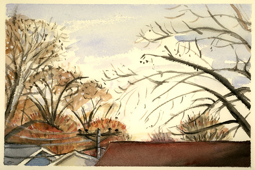 morning autumn watercolor urbanlandscape cedarfallsiowa whitegouache watersolublegraphite marciamilnerbrage