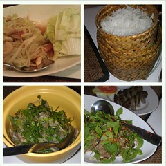 Tasty Lao food! Papaya salad, sticky rice, mushroom 'dip', duck laab and sausage.