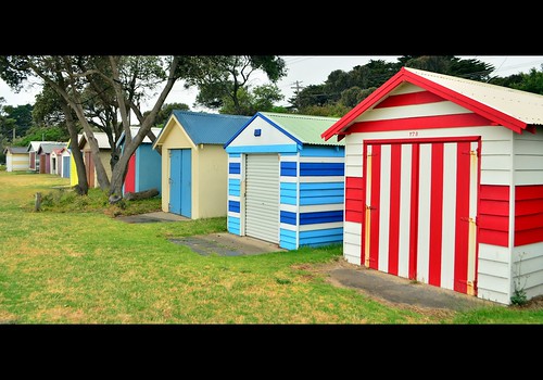 sea summer color colour beach bay coast seaside nikon australia victoria coastal vic morningtonpeninsula striped dromana portphillipbay beachboxes bathingbox bathingboxes d5100 nikond5100 phunnyfotos