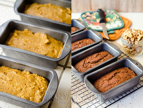 three small pumpkin bread loaves on a cooling rack next to loaves before baking