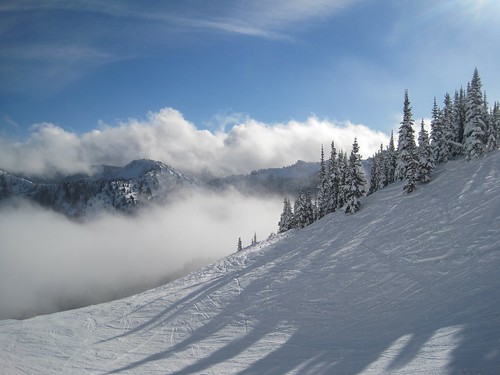 trees sun snow mountains clouds snowboarding washington powder crystalmountain