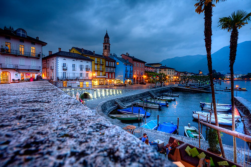 sunset sea tree tower clock boats switzerland ascona ticino cloudy harbour lounge palm seven shops bluehour colourful hdr ch rainbowparade