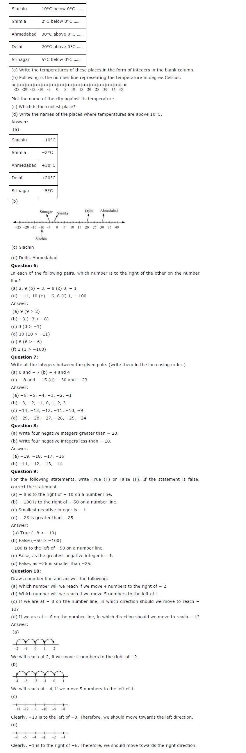NCERT Solutions for Class 6th Maths Chapter 6 - Integers