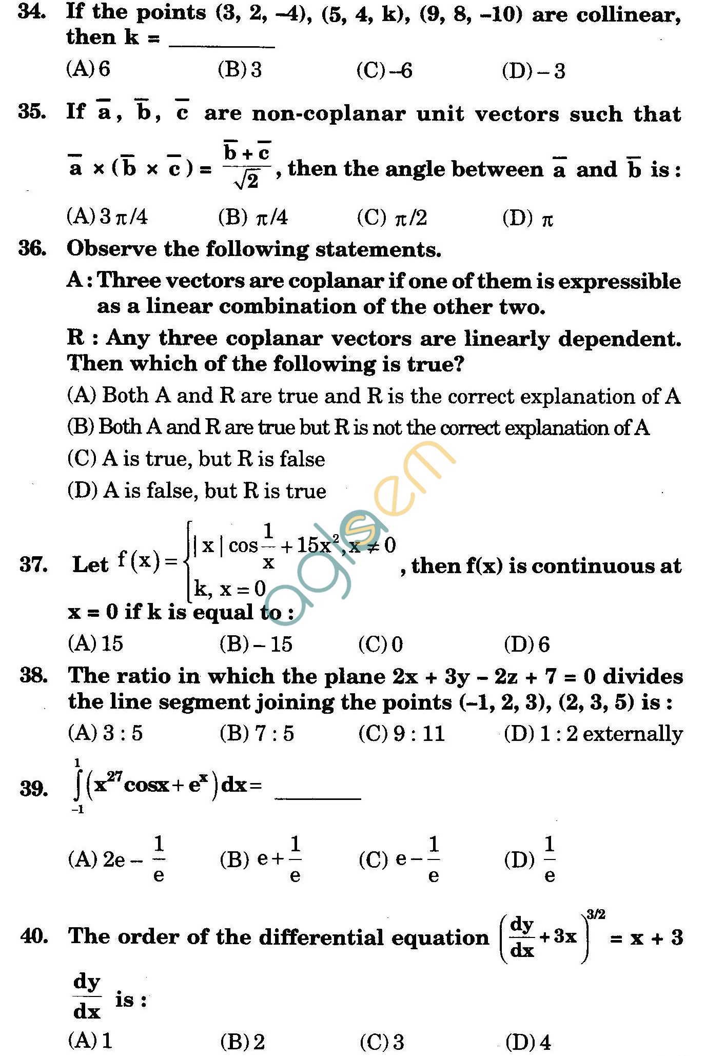 NSTSE 2010 Class XII PCM Question Paper with Answers - Mathematics