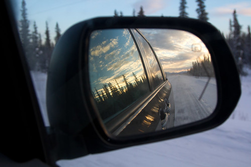 winter sunset alaska drive mirror seasons unitedstates alcan timesofday glennallen