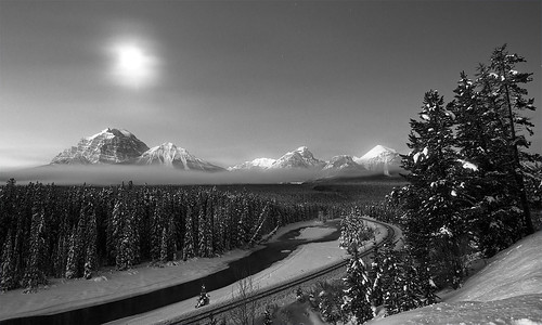 winter bw snow canada mountains cold ice monochrome train river landscape rockies dawn early blackwhite tracks alberta valley lakelouise bowvalleyparkway 25c